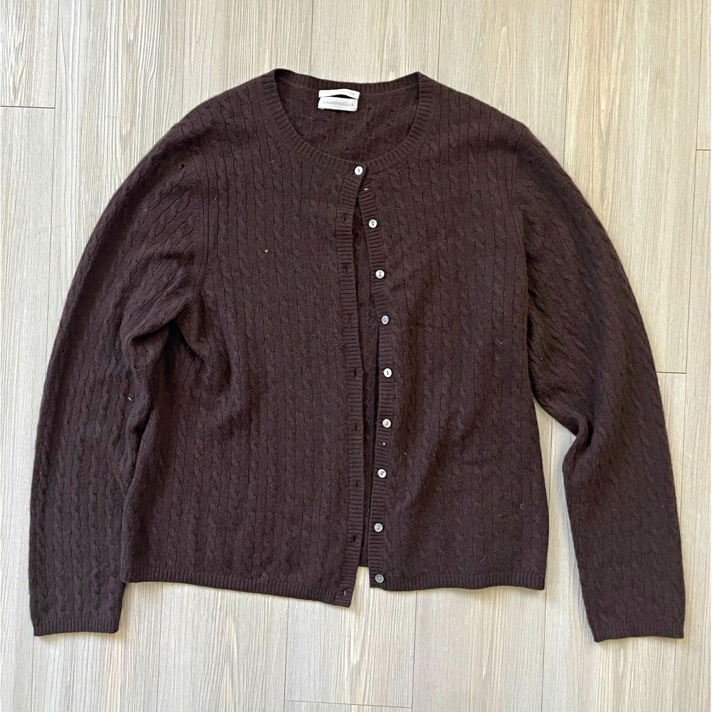 Charter Club 100% Cashmere Brown Cable Knit Button Front Cardigan Sweater M